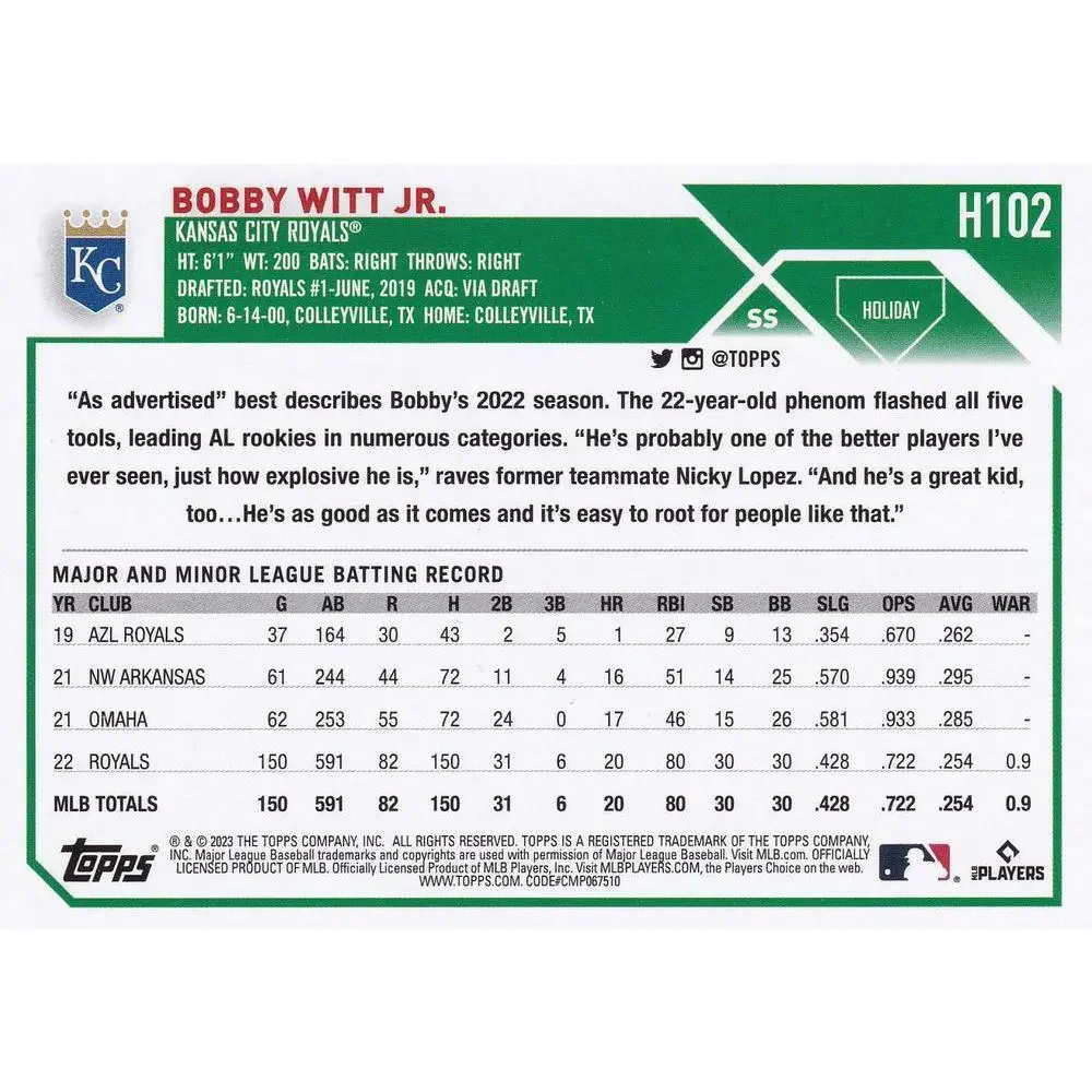 2023 Topps Holiday Bobby Witt Jr. ASR H102 Kansas City Royals